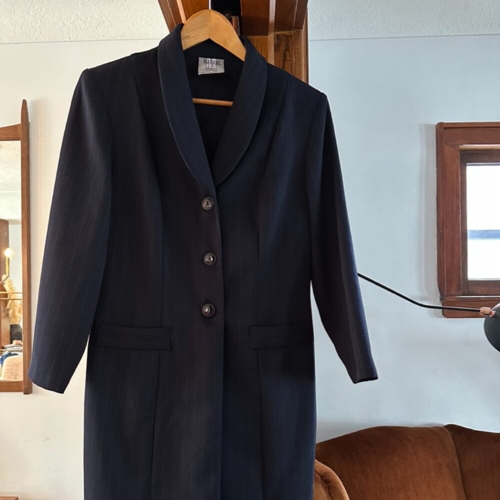 Marabi by Guylaine Cadieux Vintage Navy Blue Pinstripe Blazer/Duster/Knee-length